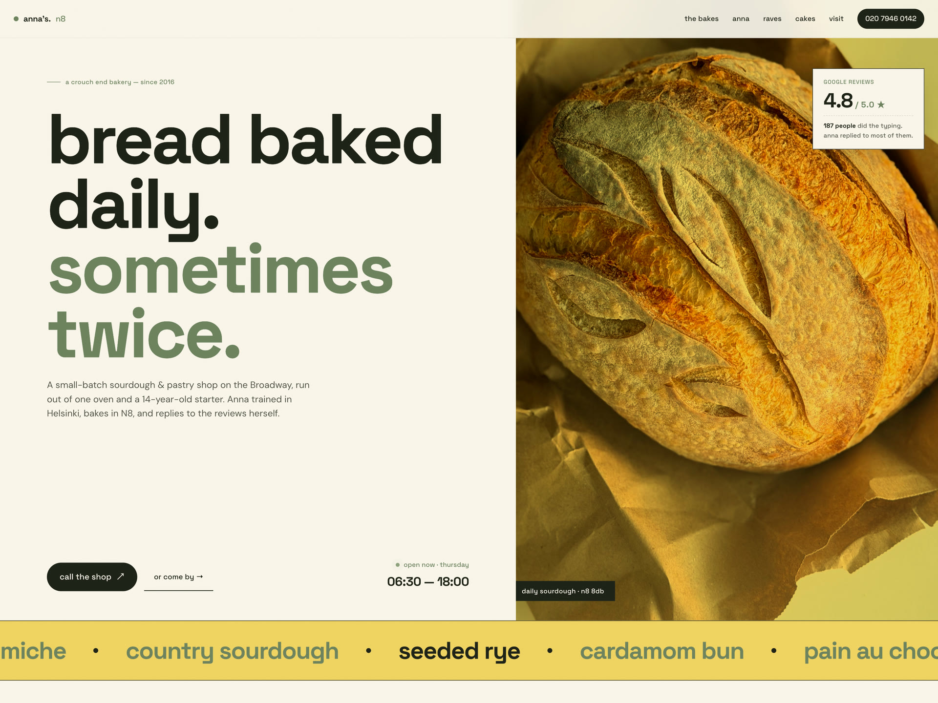 Anna's Bakery mockup — hero with large sourdough photography