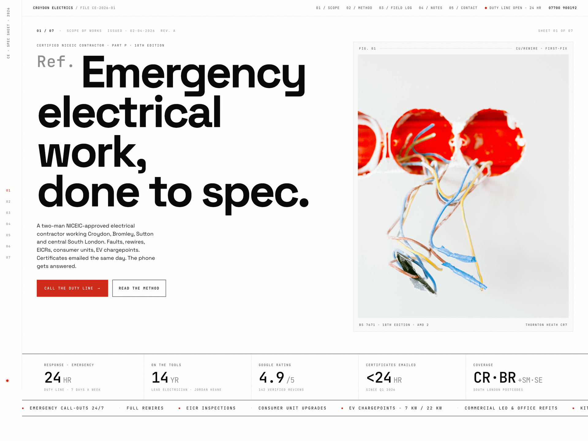 Croydon Electrics mockup — spec-sheet hero with red-wired consumer unit