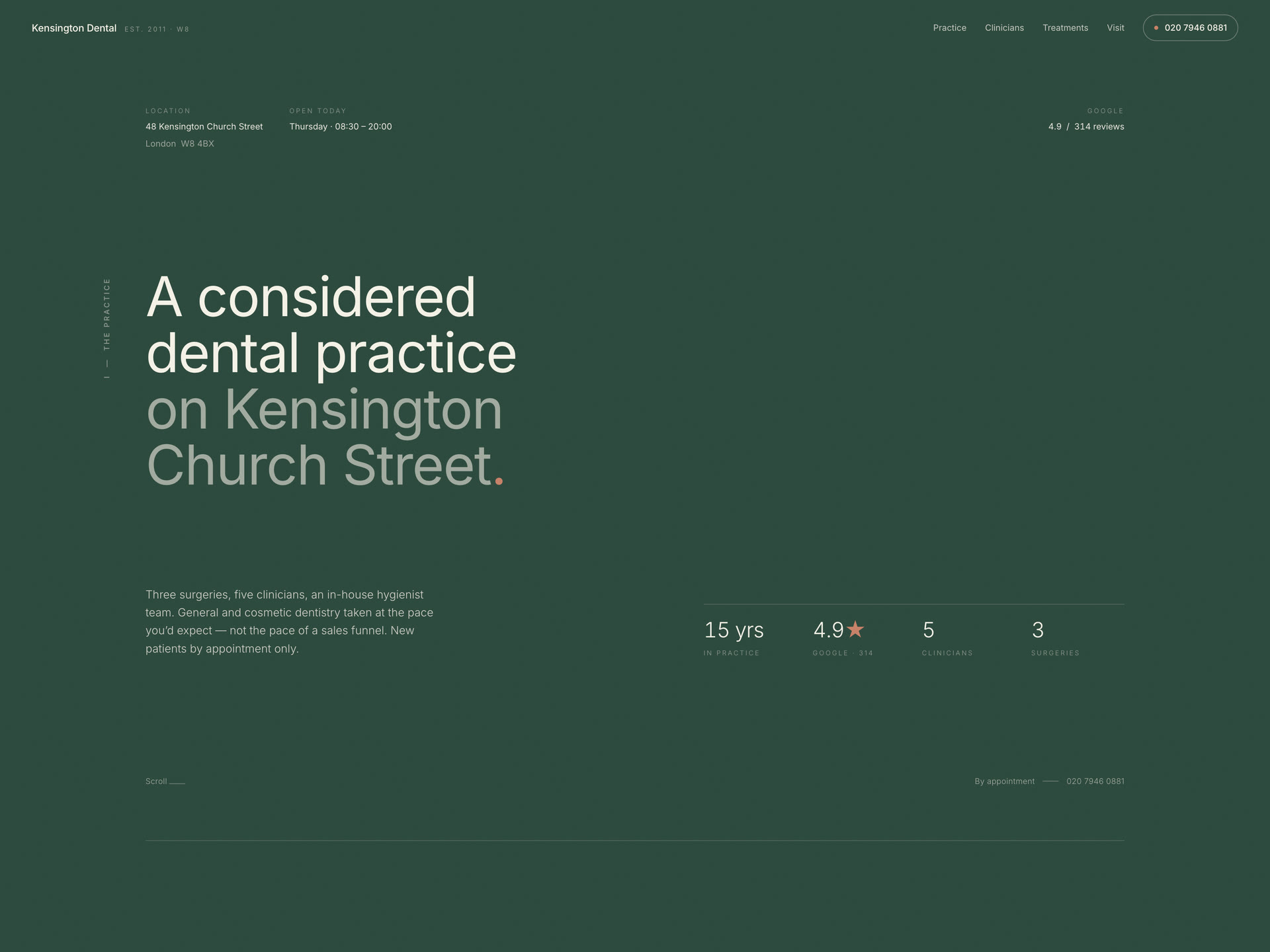 Kensington Dental mockup — sage and oyster editorial hero